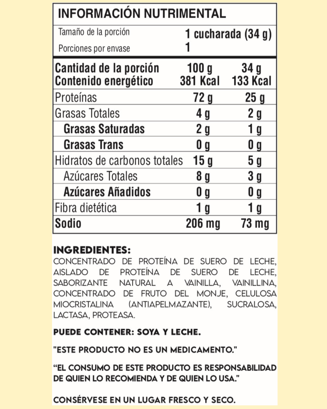 Información nutricional Whey Protein DOMINANT 25g proteína
