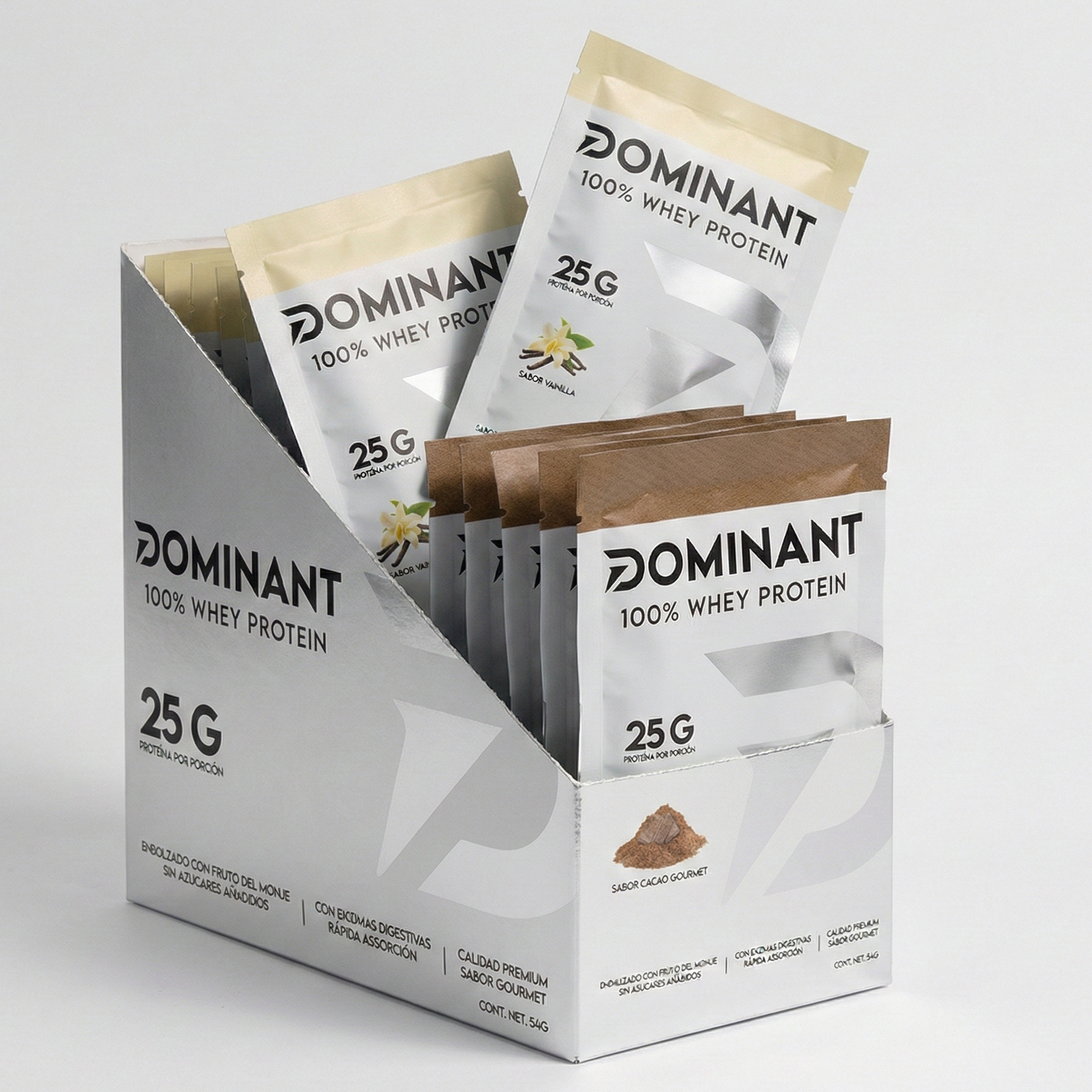 14 Pack Sachets Proteína Whey DOMINANT Cacao & Vainilla