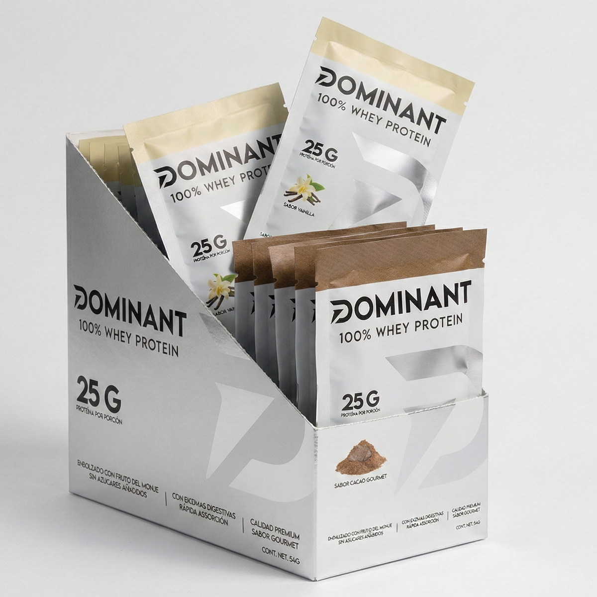 14 Pack Sachets Proteína Whey DOMINANT Cacao Vainilla